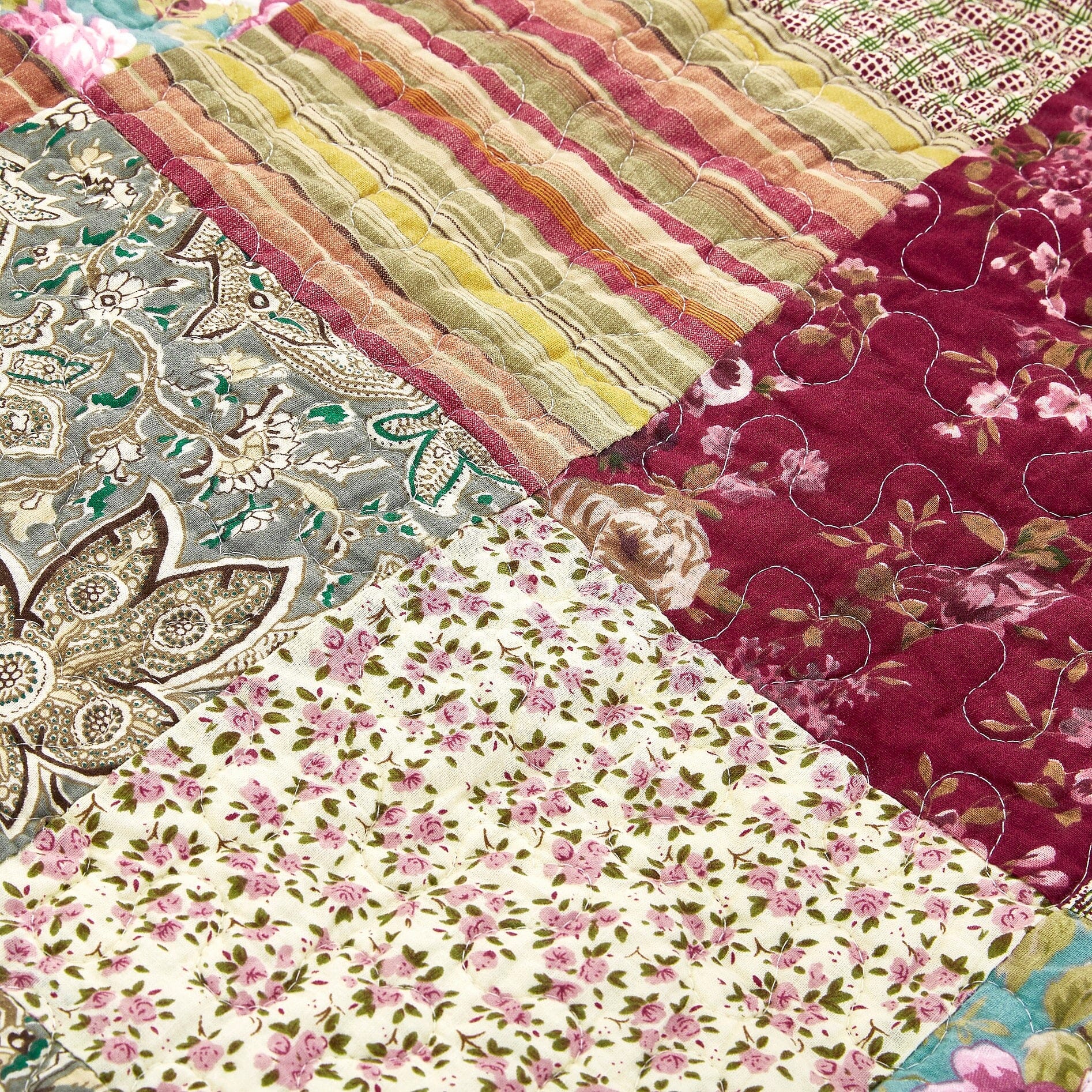 Fairy Tale Tea Party Beige Burgundy Paisley Floral Cotton Patchwork Quilted Throw Blanket