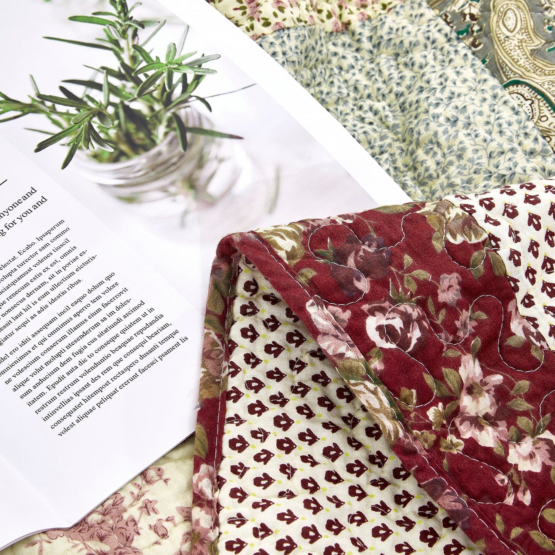 Fairy Tale Tea Party Beige Burgundy Paisley Floral Cotton Patchwork Quilted Throw Blanket