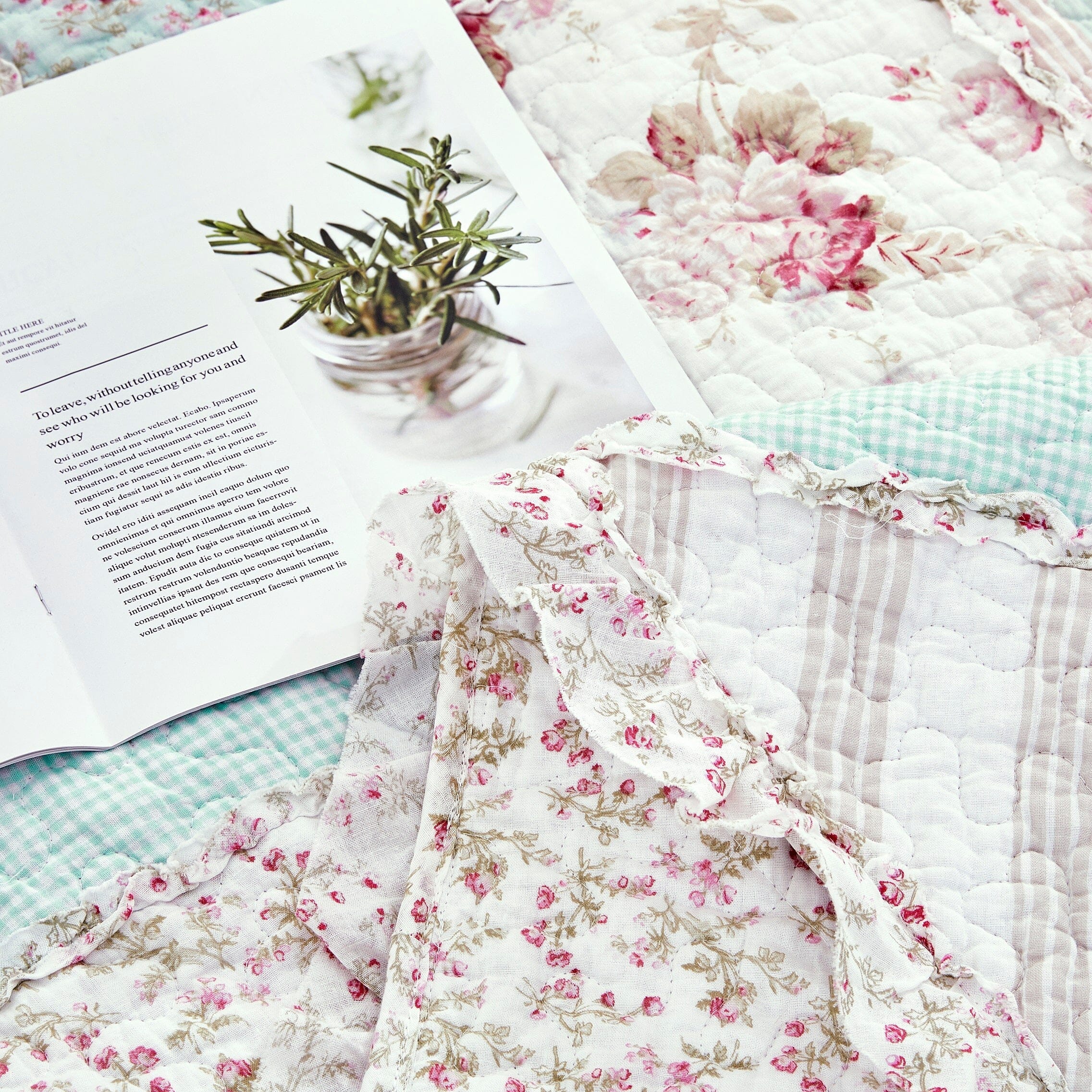 Cotton Cottage Floral Patchwork Quilted Throw Blanket - Reversible Hint of Mint - Ruffle Pastel Light Pink Blue/Green - 50 x 60-Tolkye