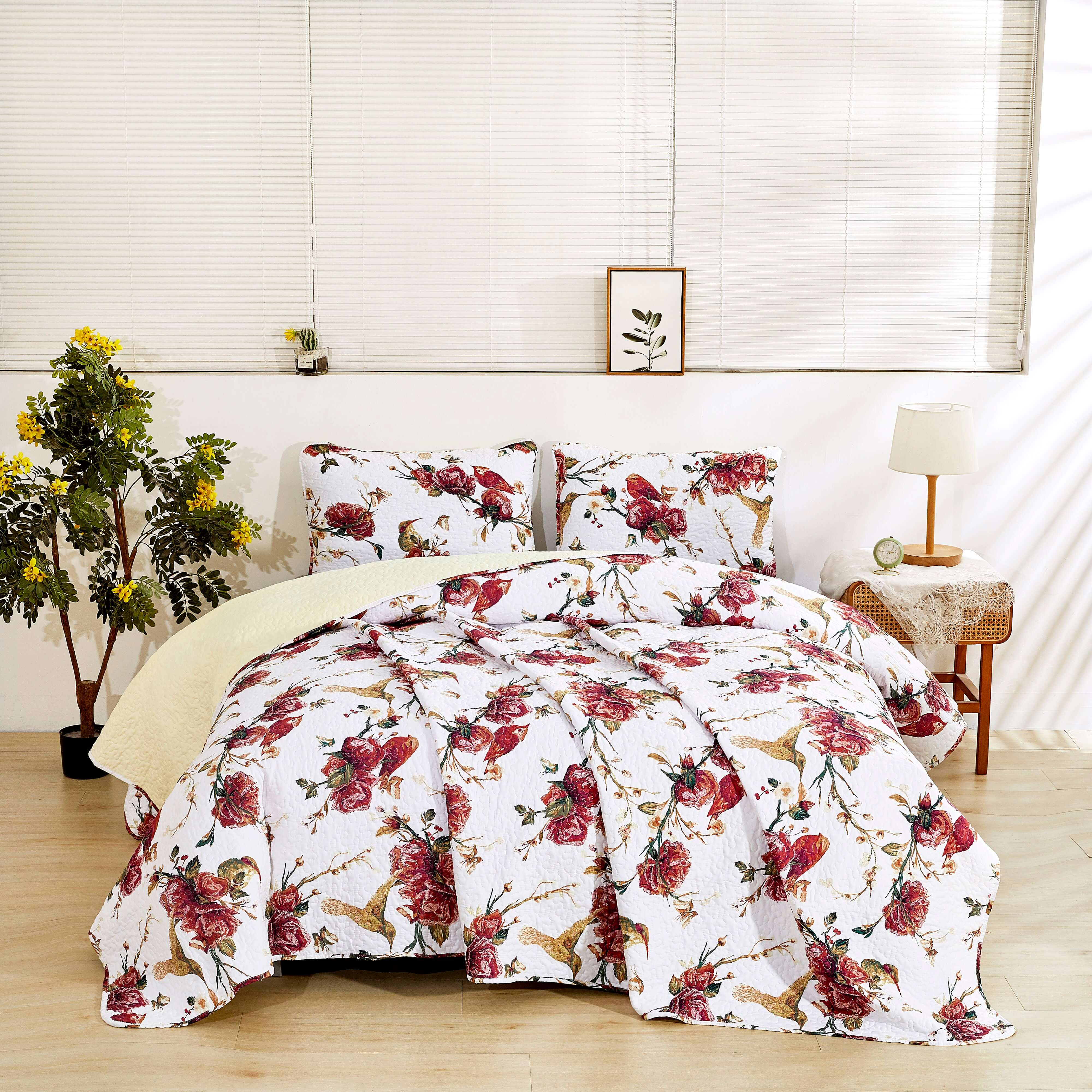 Vintage Rose Garden Hummingbirds Burgundy White Reversible Floral Quilt Set