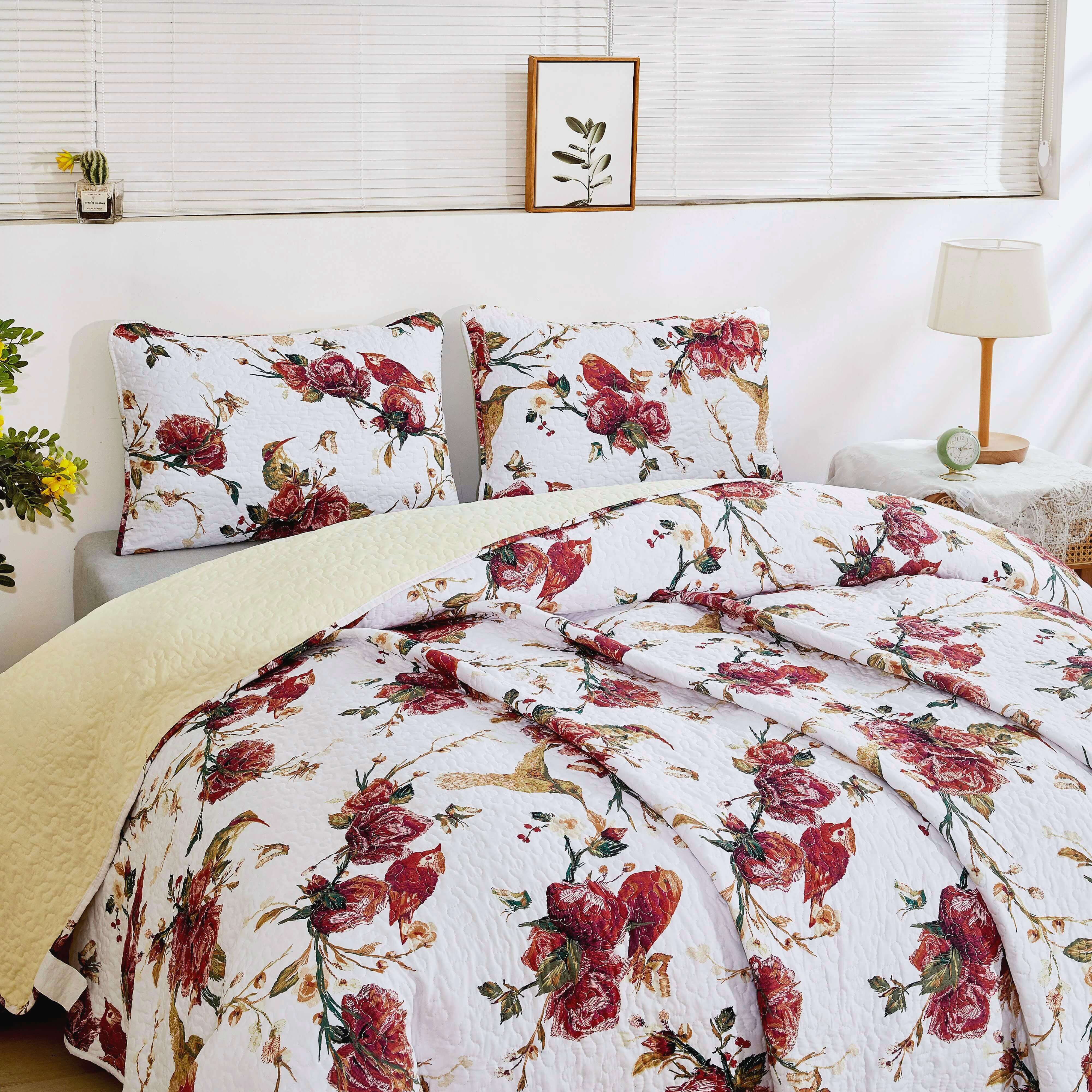 Vintage Rose Garden Hummingbirds Burgundy White Reversible Floral Quilt Set