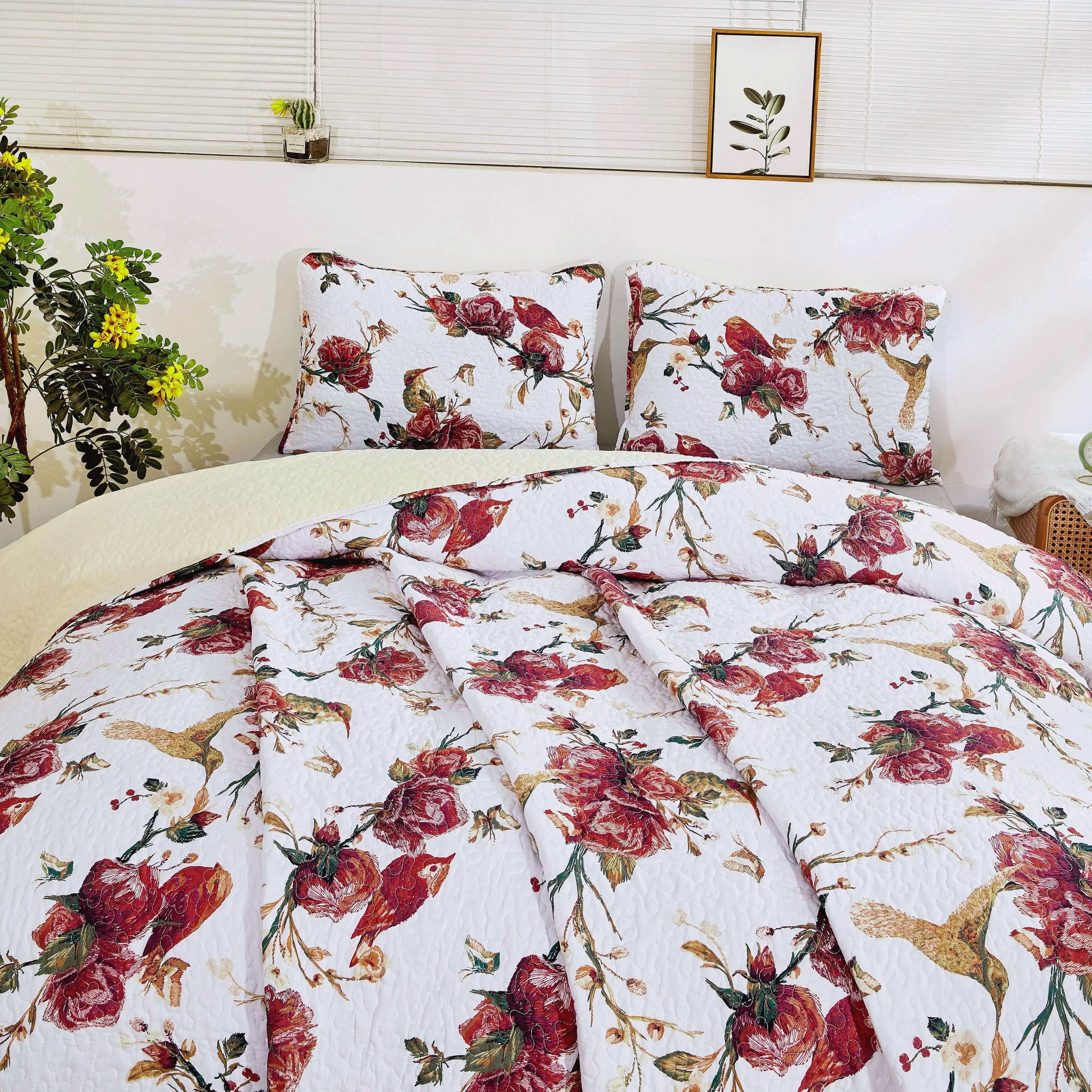 Vintage Rose Garden Hummingbirds Burgundy White Reversible Floral Quilt Set