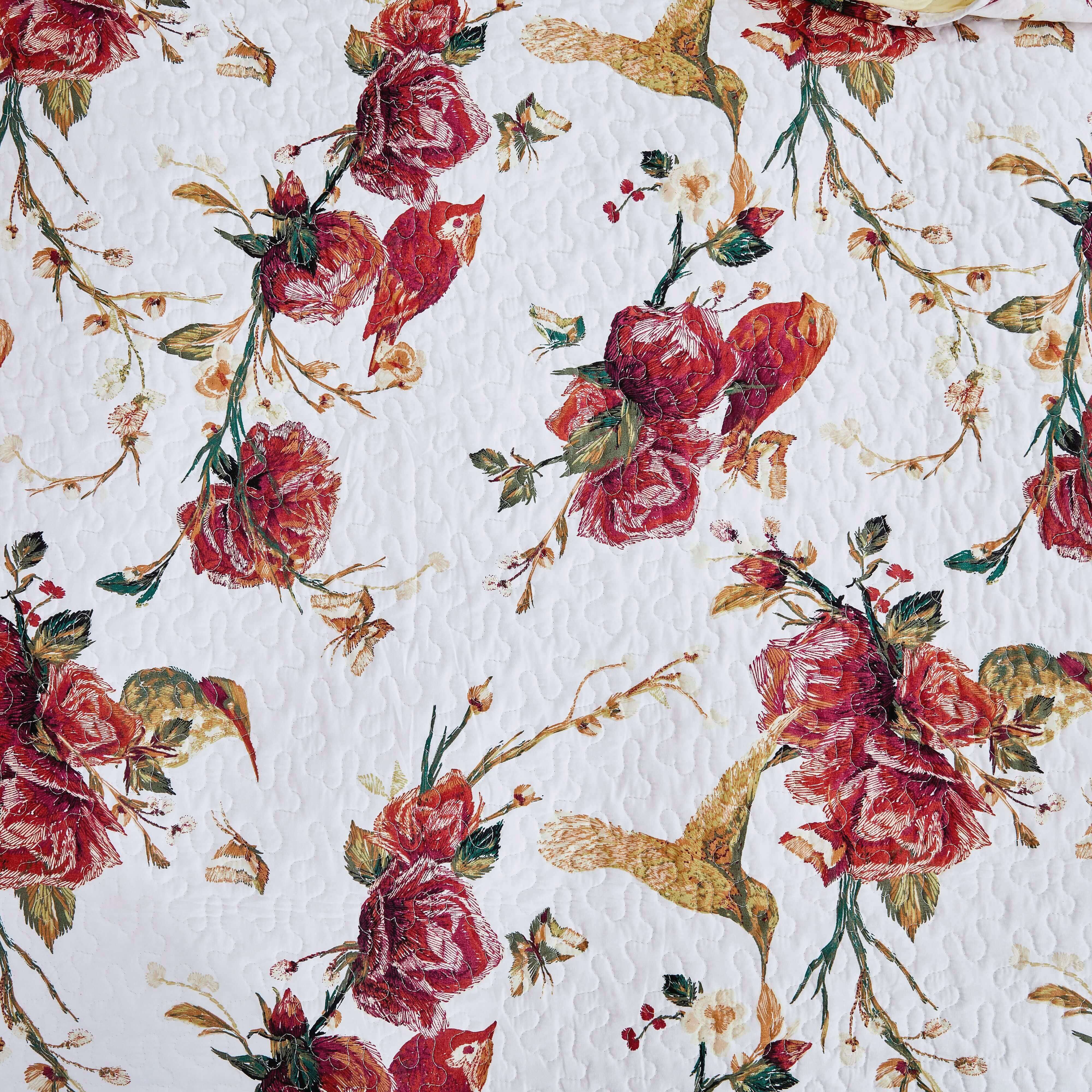 Vintage Rose Garden Hummingbirds Burgundy White Reversible Floral Quilt Set