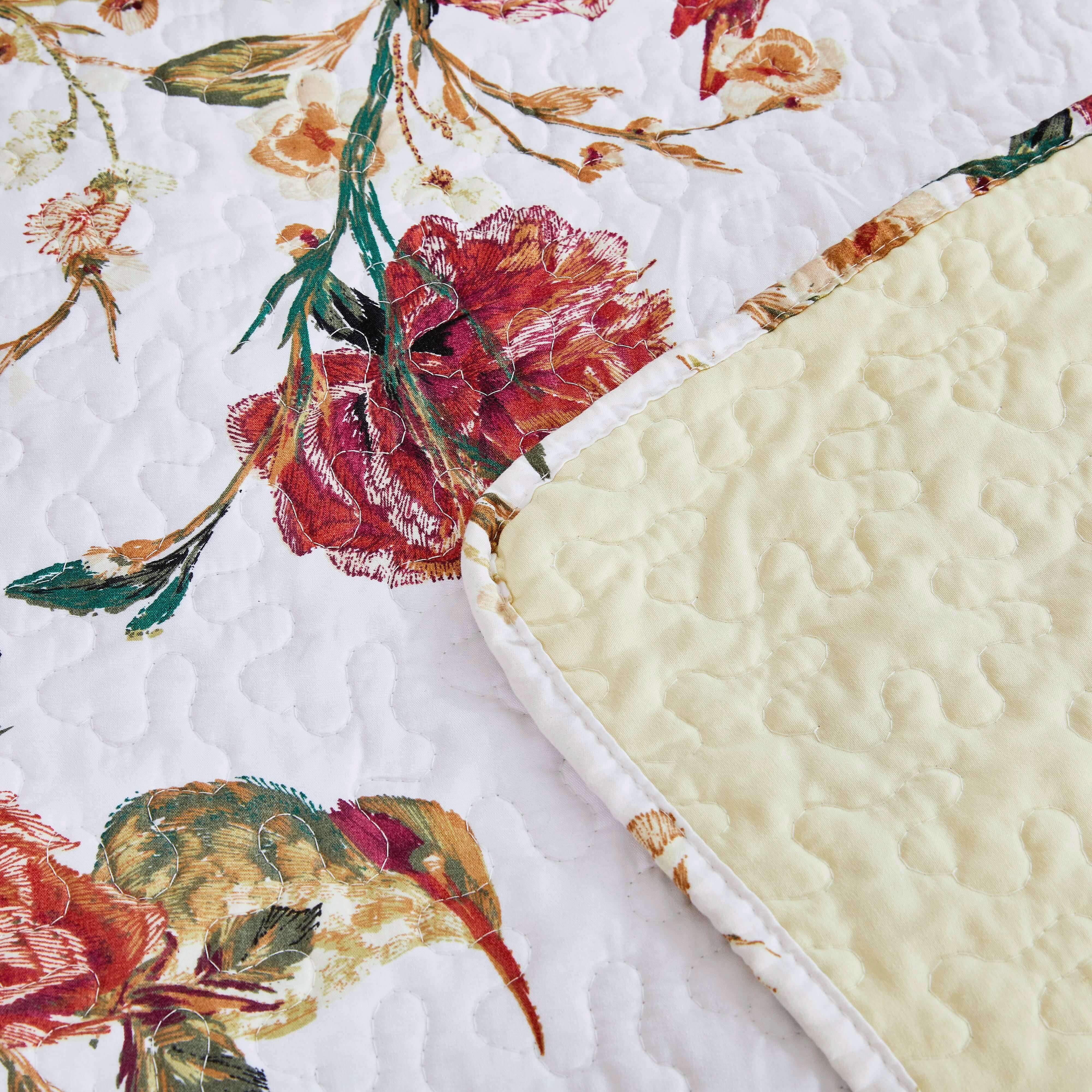 Vintage Rose Garden Hummingbirds Burgundy White Reversible Floral Quilt Set