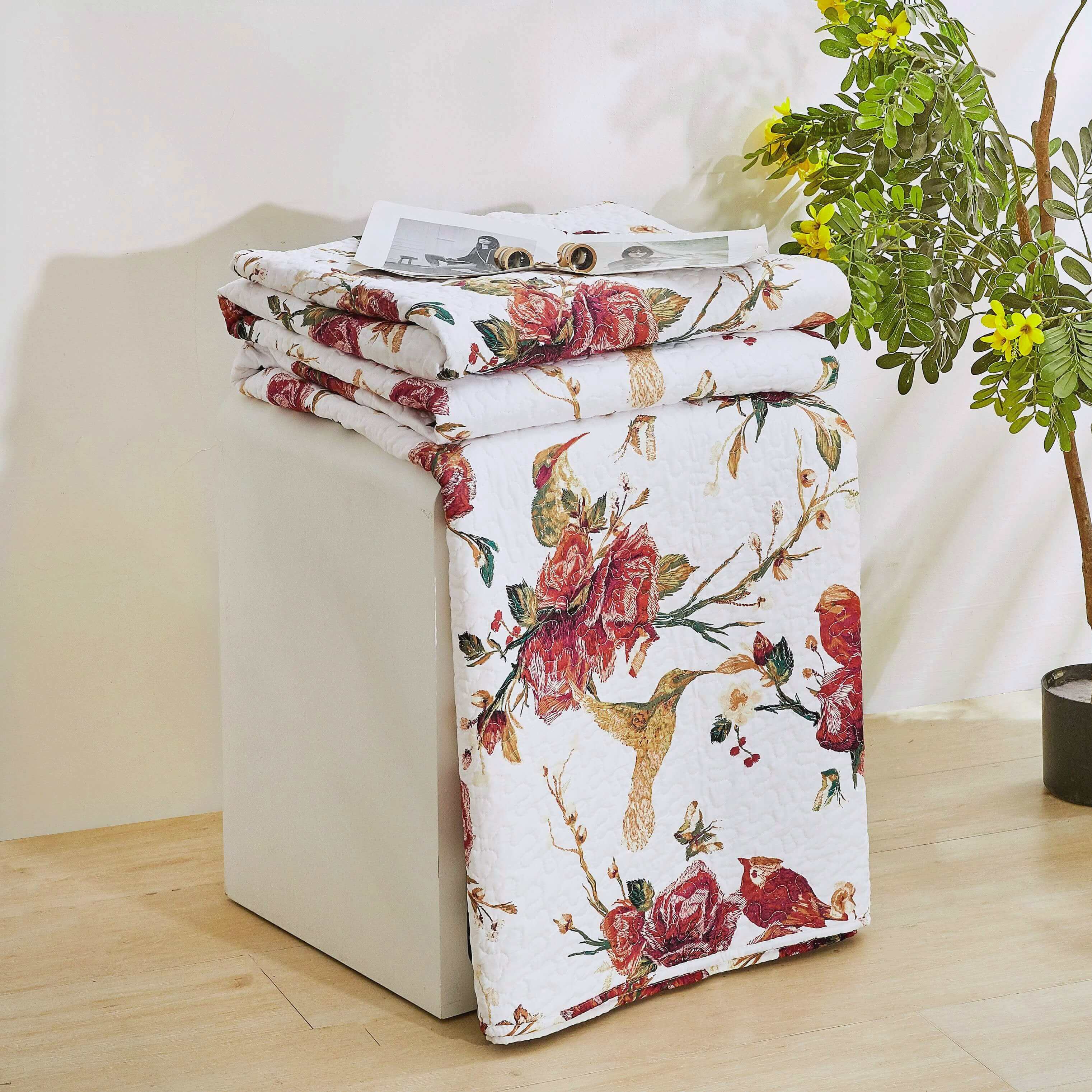 Vintage Rose Garden Hummingbirds Burgundy White Reversible Floral Quilt Set