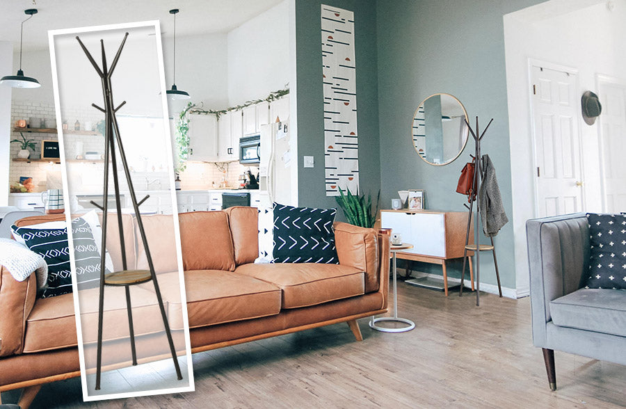 6 Foot Tall Metal Coat Tree with Wooden Shelf