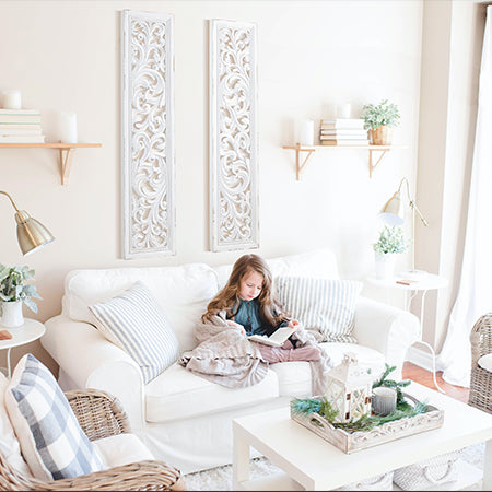 50 Inch Chippy White Carved Acanthus Wall Panels, Set of 2