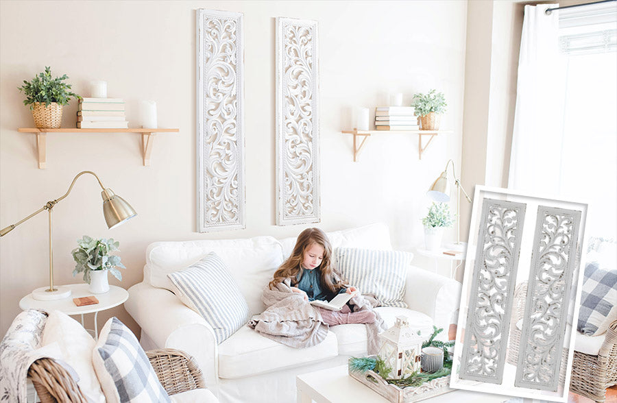 50 Inch Chippy White Carved Acanthus Wall Panels, Set of 2