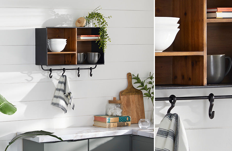 Wooden Cubby Shelf with Hook System
