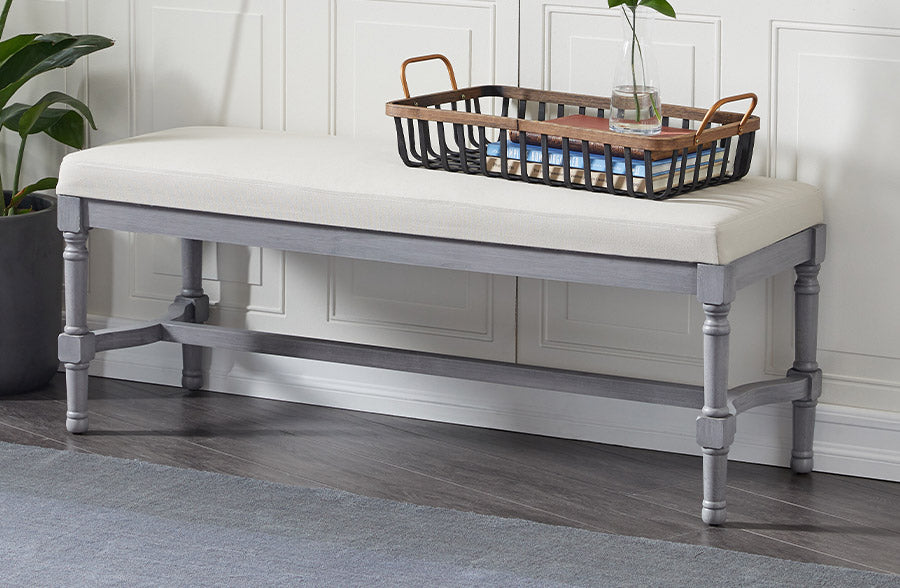 Vintage Grey Cushioned Linen Bench
