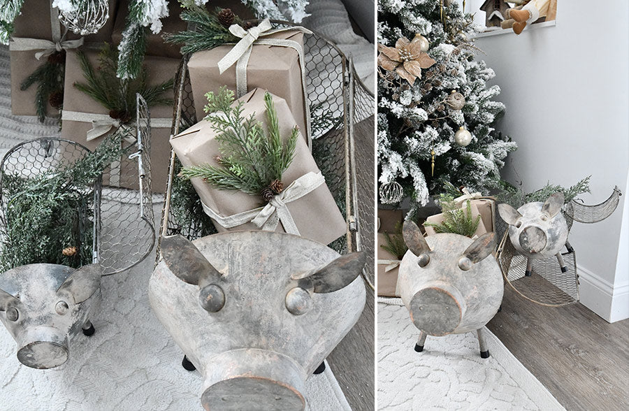 Galvanized Pig Storage Baskets, Set of 2