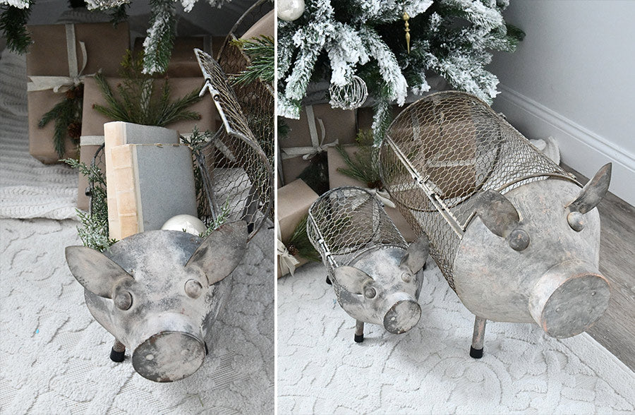 Galvanized Pig Storage Baskets, Set of 2