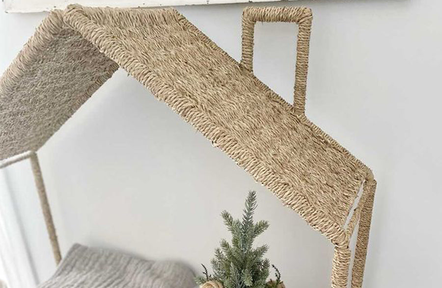 54 Inch House Shaped Seagrass Shelving Unit