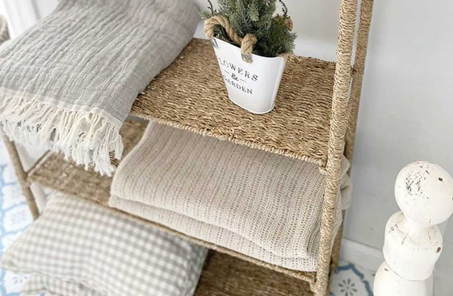 54 Inch House Shaped Seagrass Shelving Unit