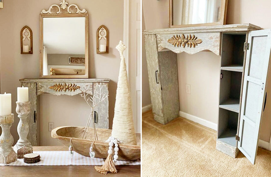 Ornate Distressed Mantel with Storage