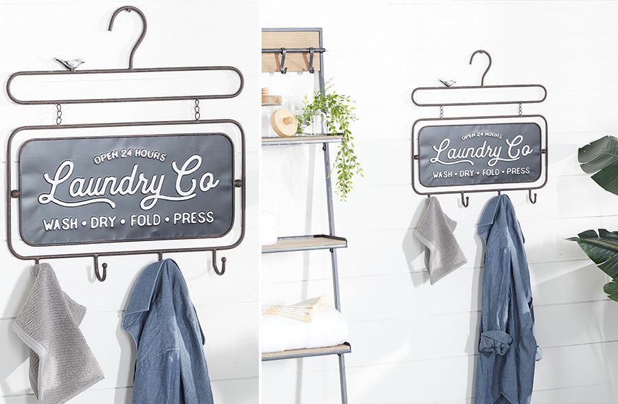 Laundry Room Hanger Sign with Hooks