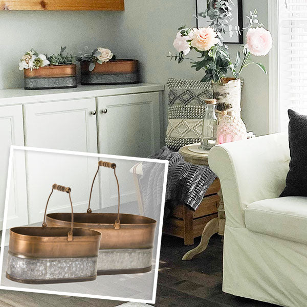 Galvanized and Copper Finish Two-Toned Pails, Set of 2
