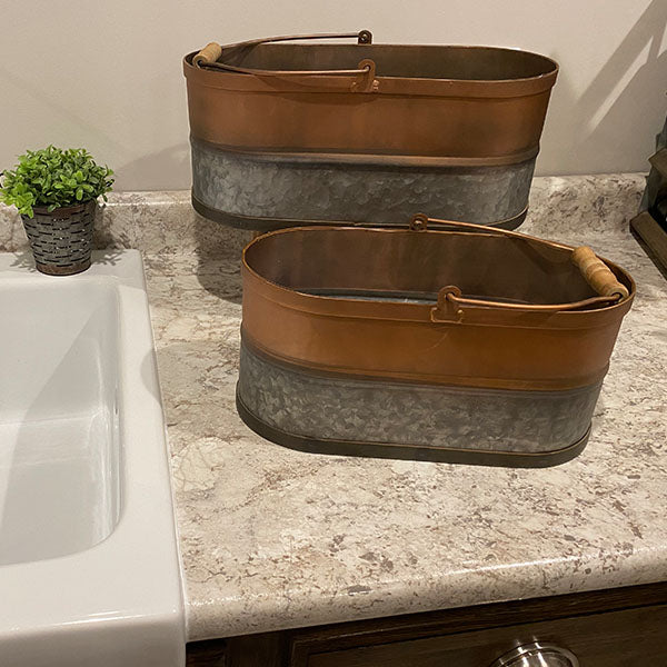 Galvanized and Copper Finish Two-Toned Pails, Set of 2
