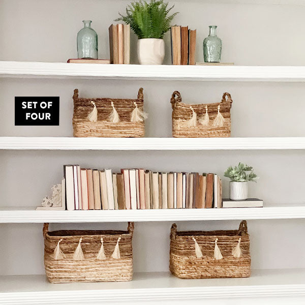 Woven Banana Leaf Baskets with Tassels, Set of 4