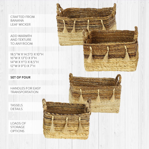 Woven Banana Leaf Baskets with Tassels, Set of 4