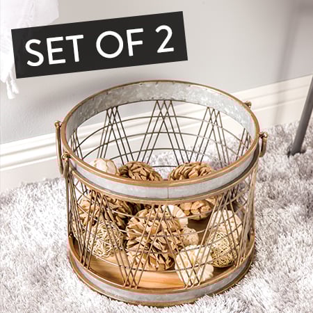 Galvanized Metal and Wood Barrel Planters, Set of 2