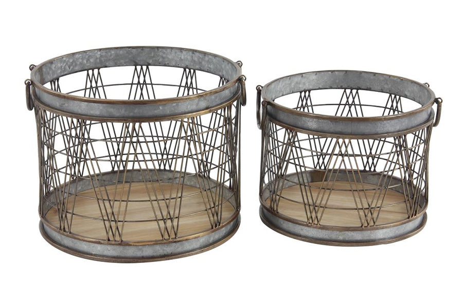 Galvanized Metal and Wood Barrel Planters, Set of 2