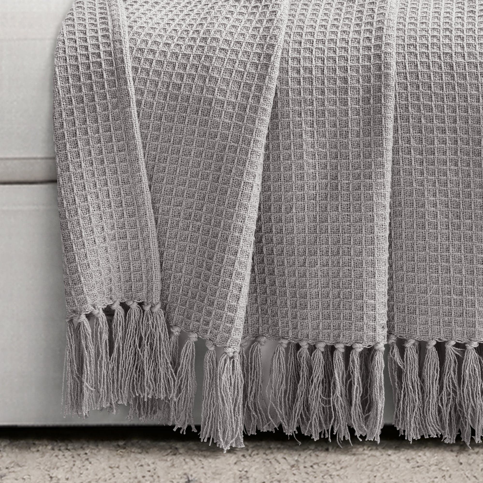 Waffle Cotton Knit Tassel Fringe Throw-Tolkye