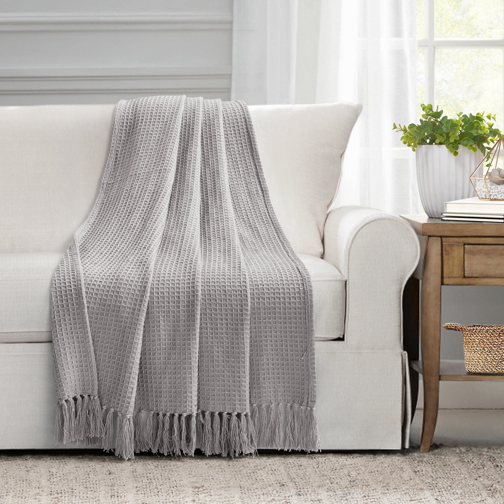 Waffle Cotton Knit Tassel Fringe Throw-Tolkye