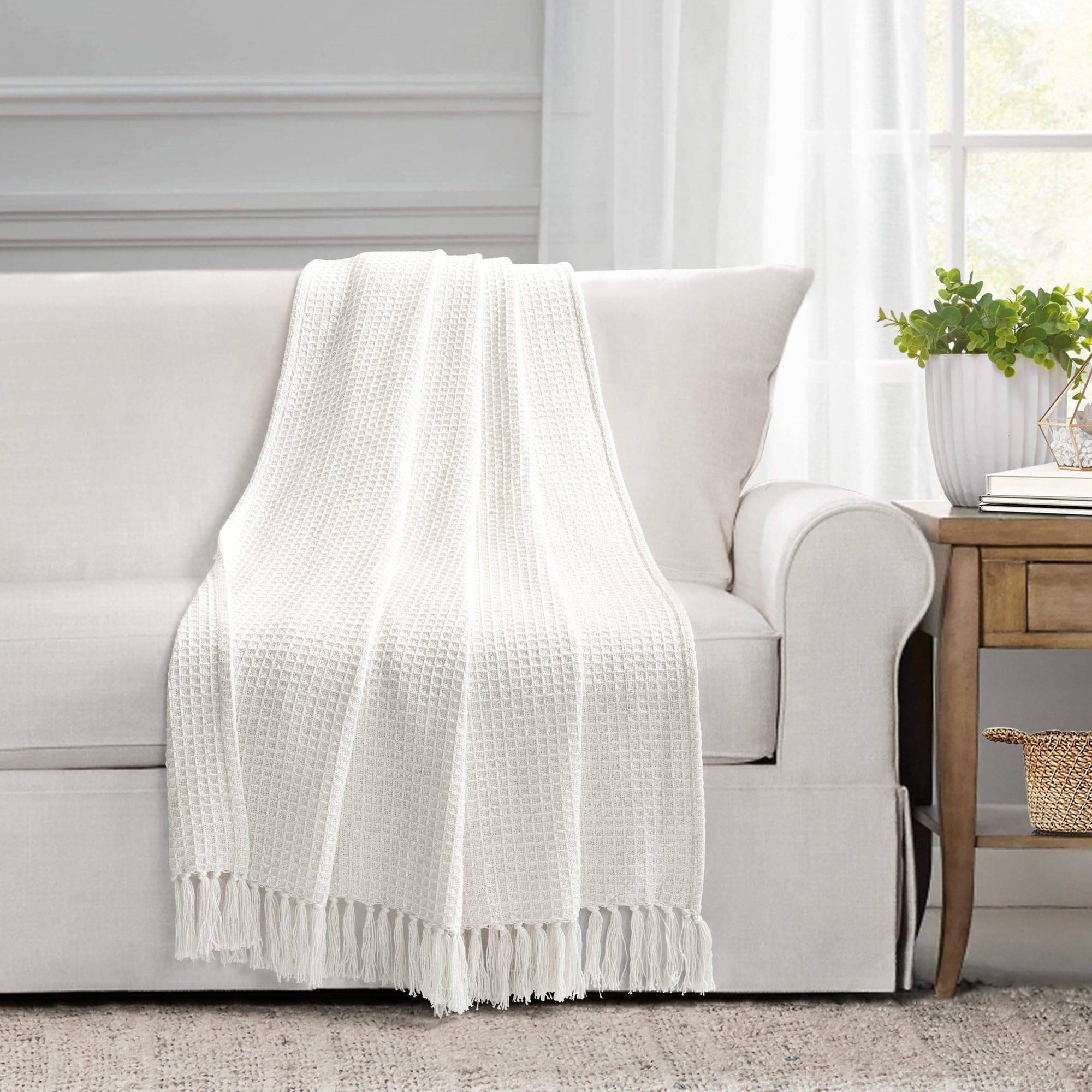 Waffle Cotton Knit Tassel Fringe Throw-Tolkye