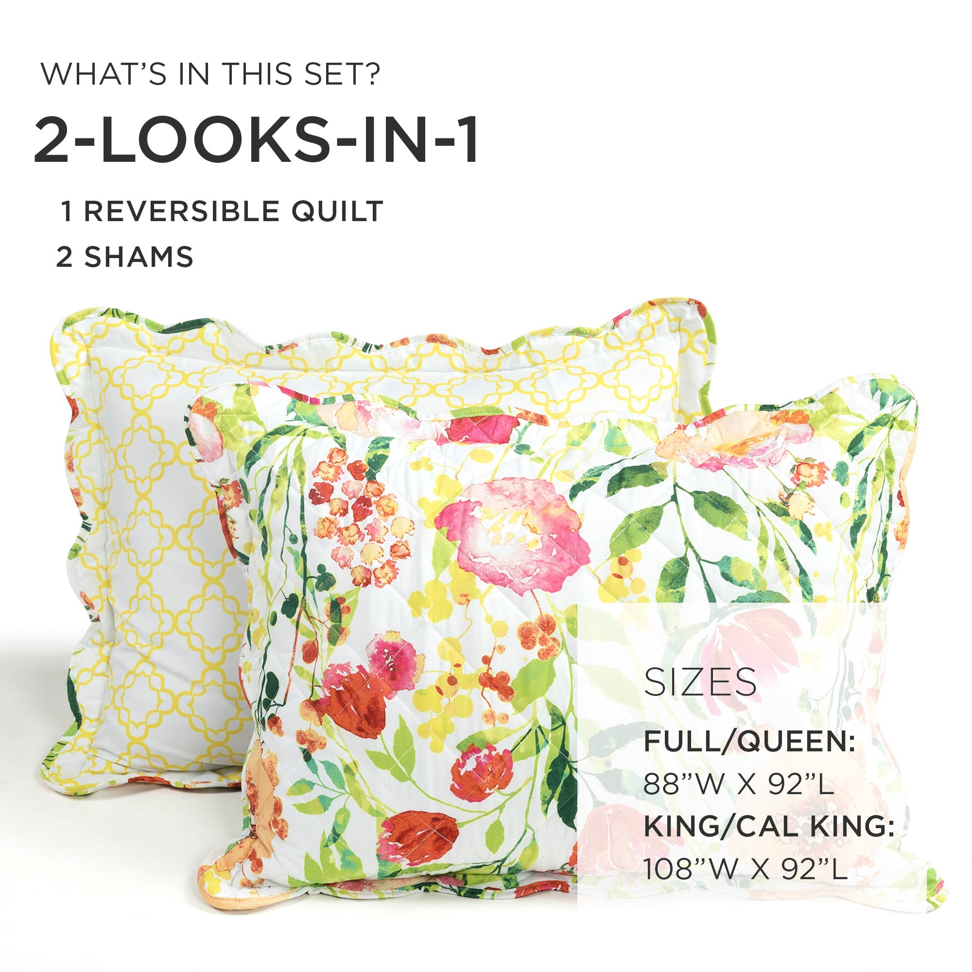 Leilani Watercolor Scallop Edged Floral 3 Piece Quilt Set-Tolkye