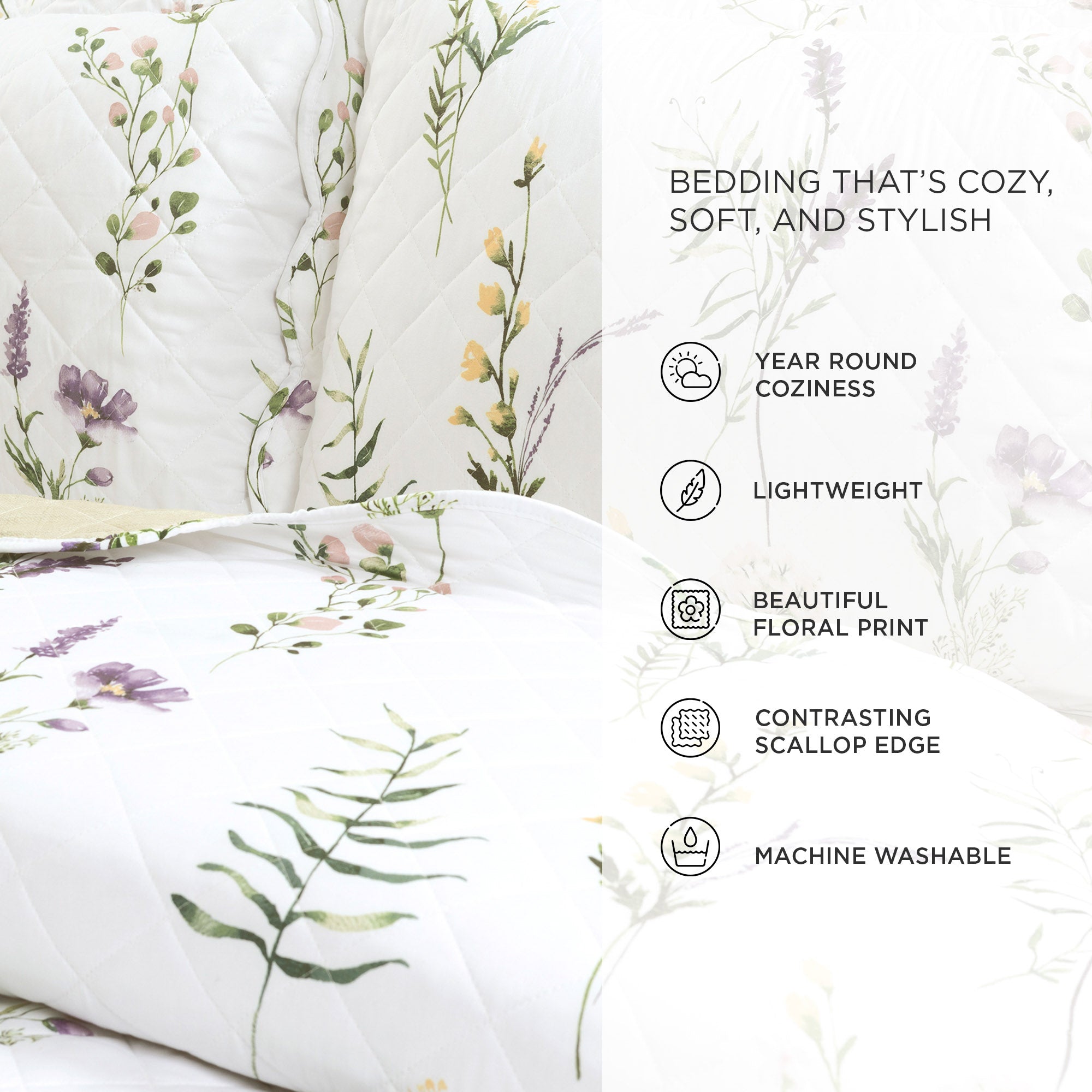 Watercolor Wildflower Scallop Edge Floral 3 Piece Quilt Set-Tolkye