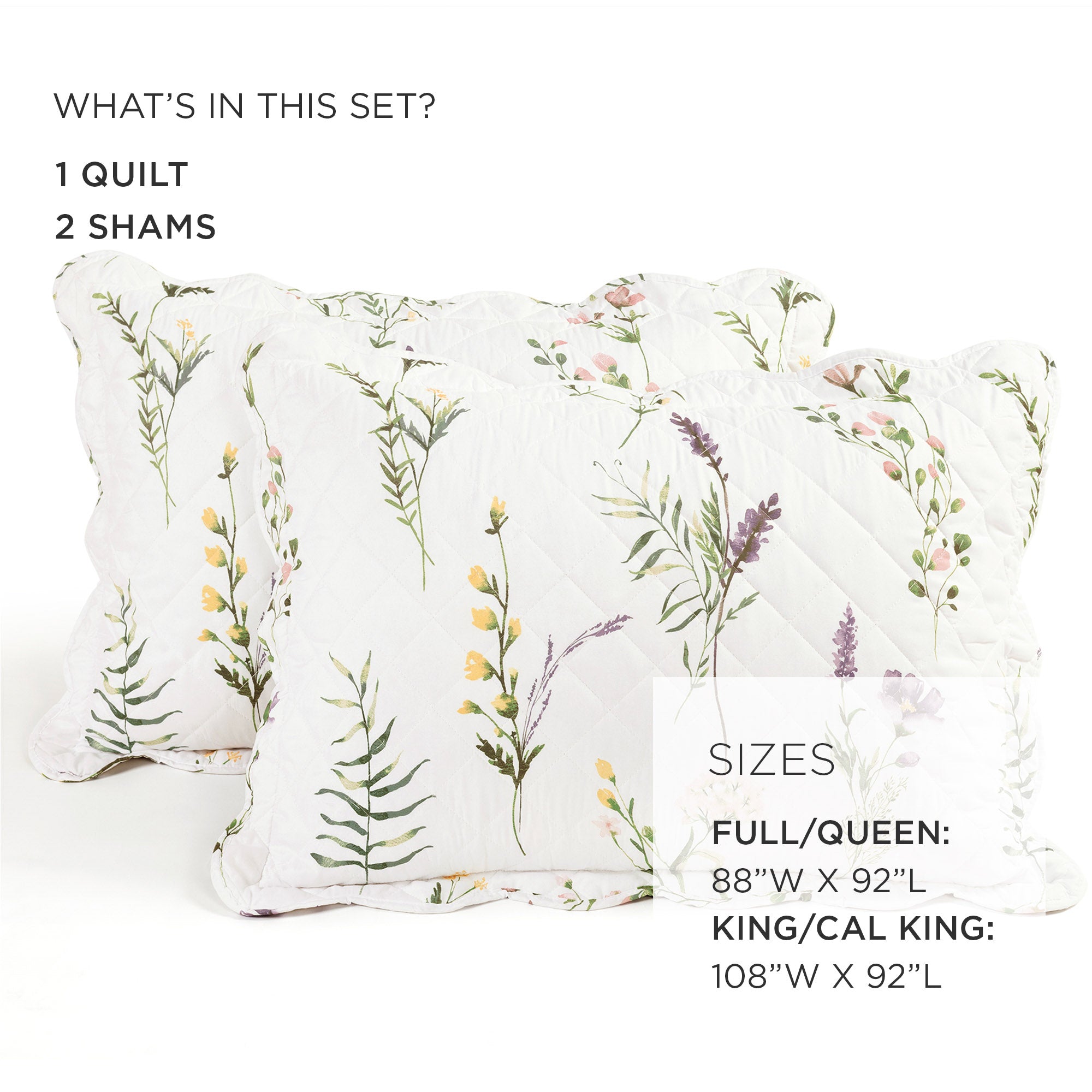 Watercolor Wildflower Scallop Edge Floral 3 Piece Quilt Set-Tolkye