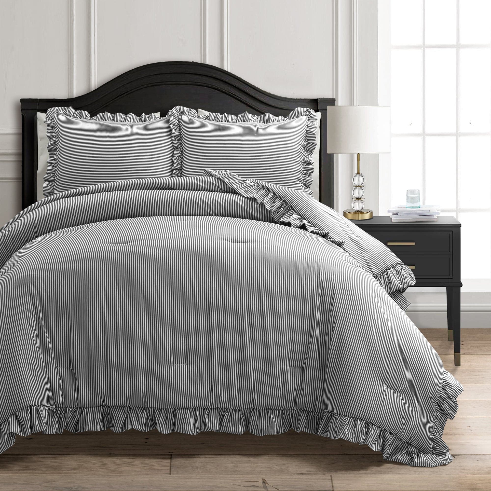 Farmhouse Stripe Reyna Ruffle Reversible Comforter 3 Piece Set-Tolkye