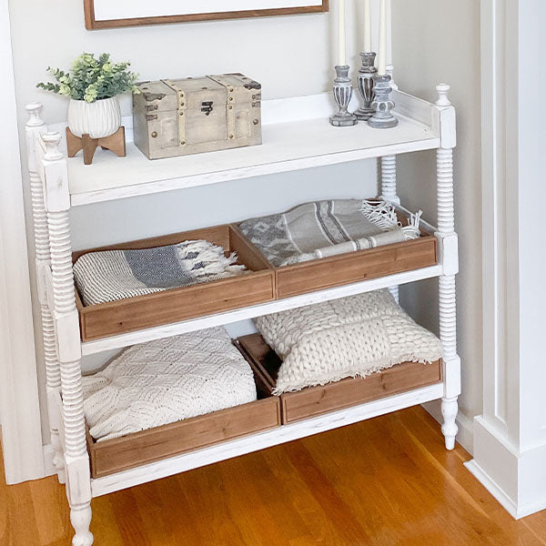 Whitewashed Spindle Table with Wooden Bins