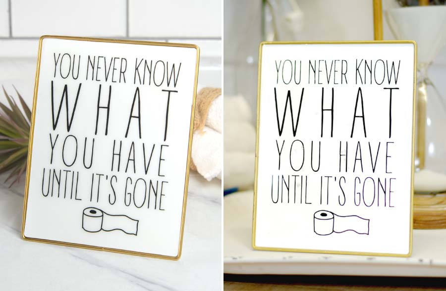 Gold Framed Bathroom Sign on Stand