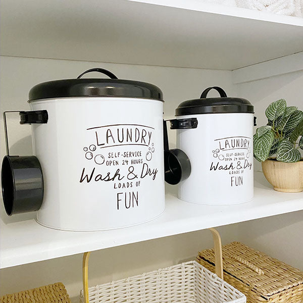 Metal Laundry Canisters with Scoops, Set of 2