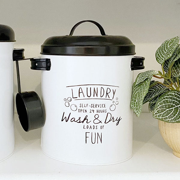 Metal Laundry Canisters with Scoops, Set of 2
