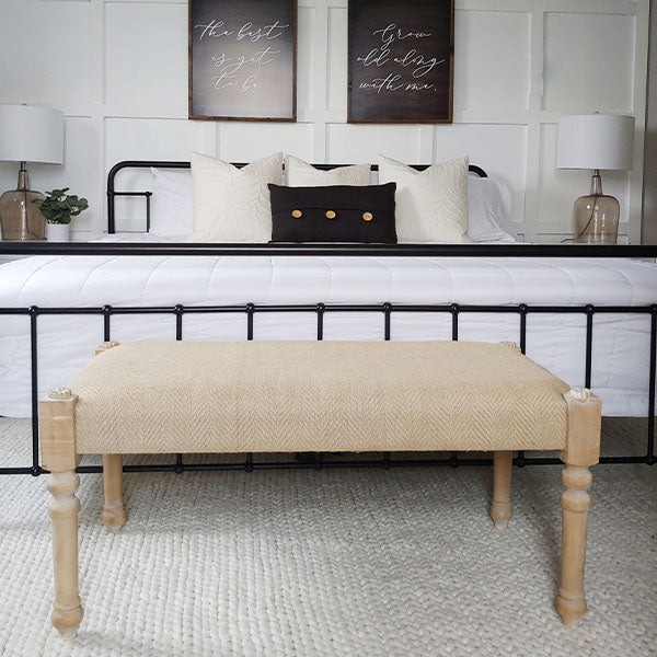 Wood and Burlap Cushioned Bench