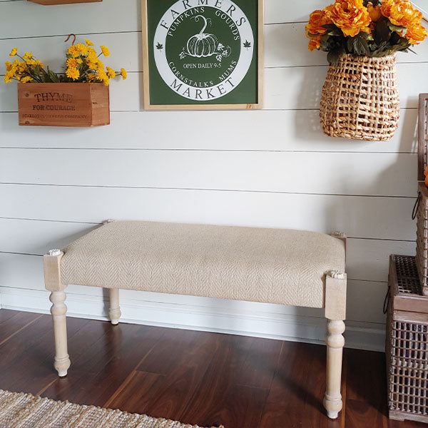 Wood and Burlap Cushioned Bench