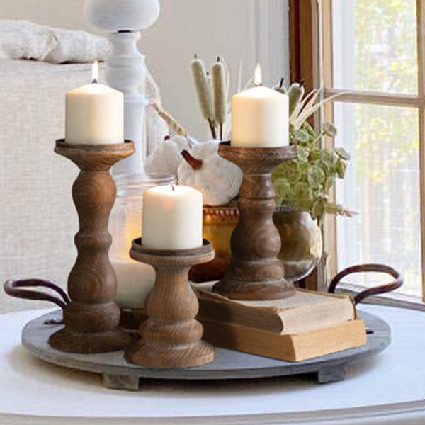 Natural Wooden Pillar Candle Holders, Set of 3