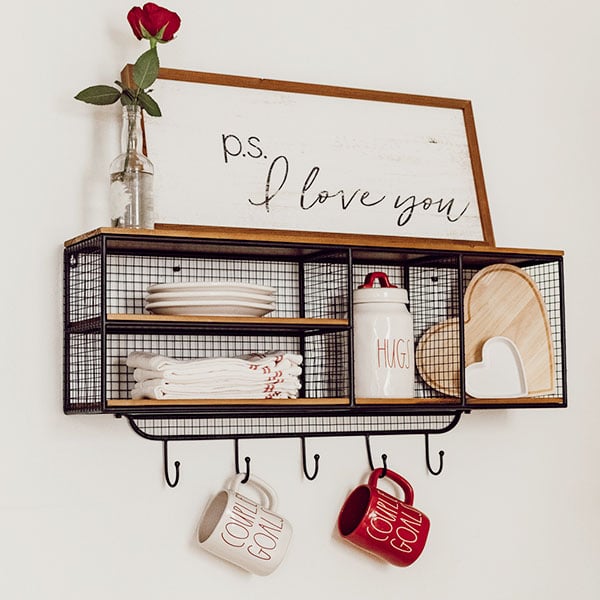 Wood Shelf With Four Wire Mesh Cubbies