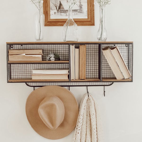 Wood Shelf With Four Wire Mesh Cubbies