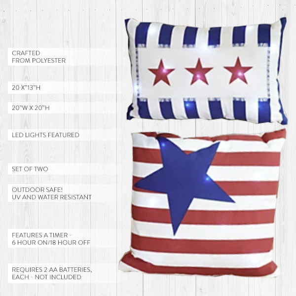 Outdoor Safe LED Light Up Patriotic Pillows, Set of 2