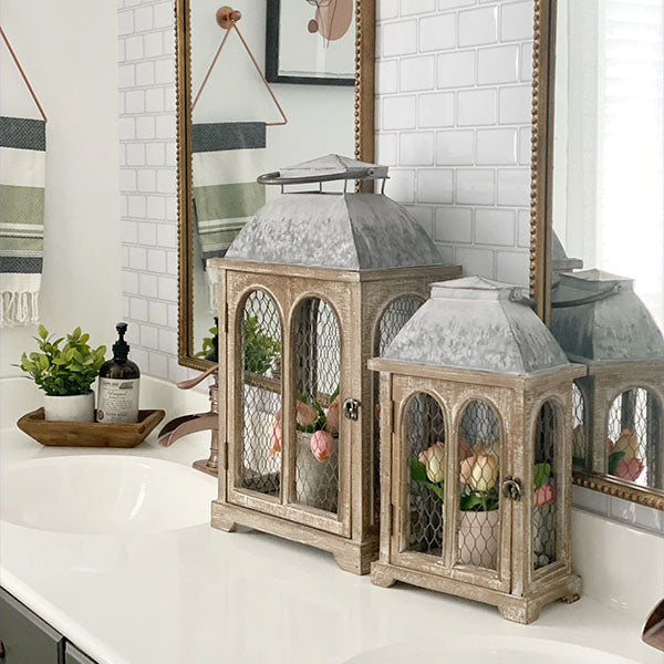 LARGE Chicken Wire Arched Wooden Lanterns, Set of 2