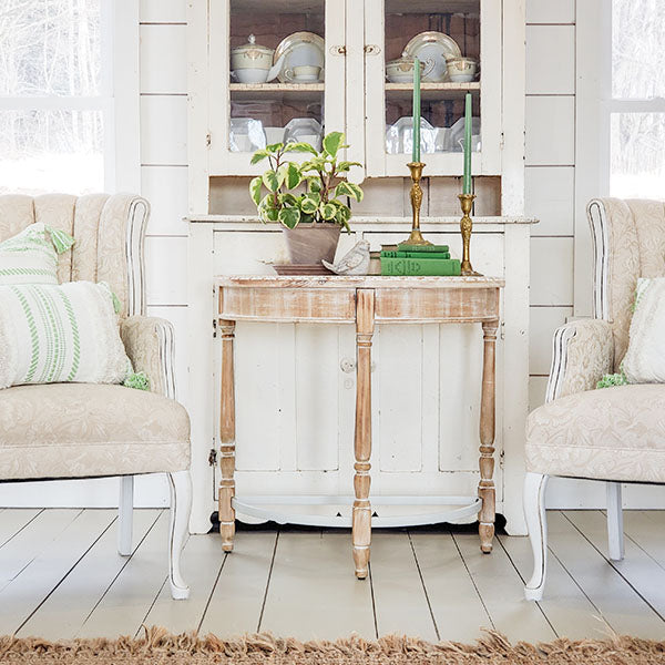 Whitewashed Wooden Half Moon Table with Metal Accents