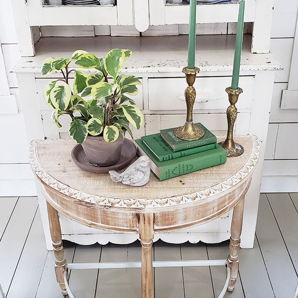 Whitewashed Wooden Half Moon Table with Metal Accents