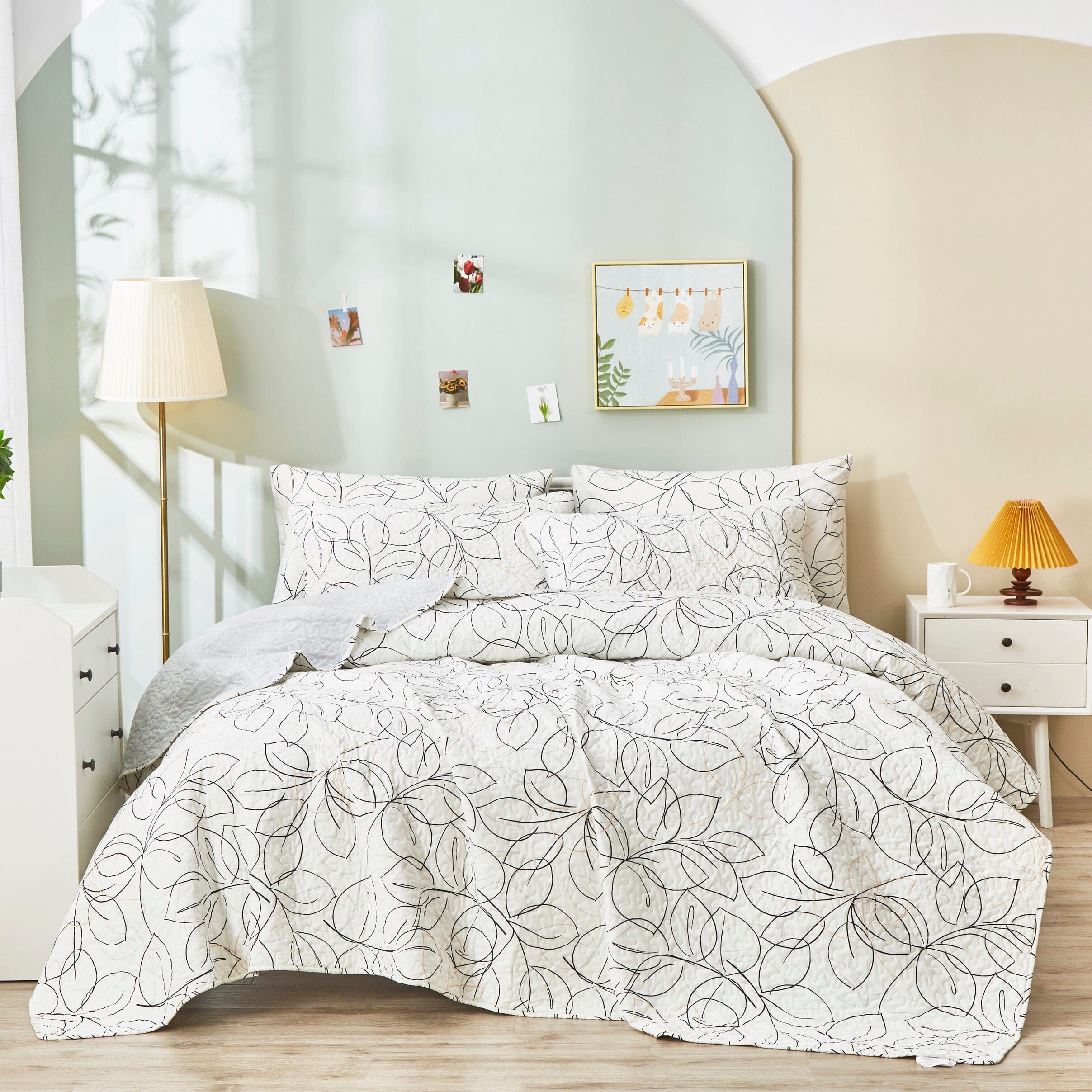 Modern Abstract Leaf Line Art Foliage White Grey Black Gold Reversible Quilt Set