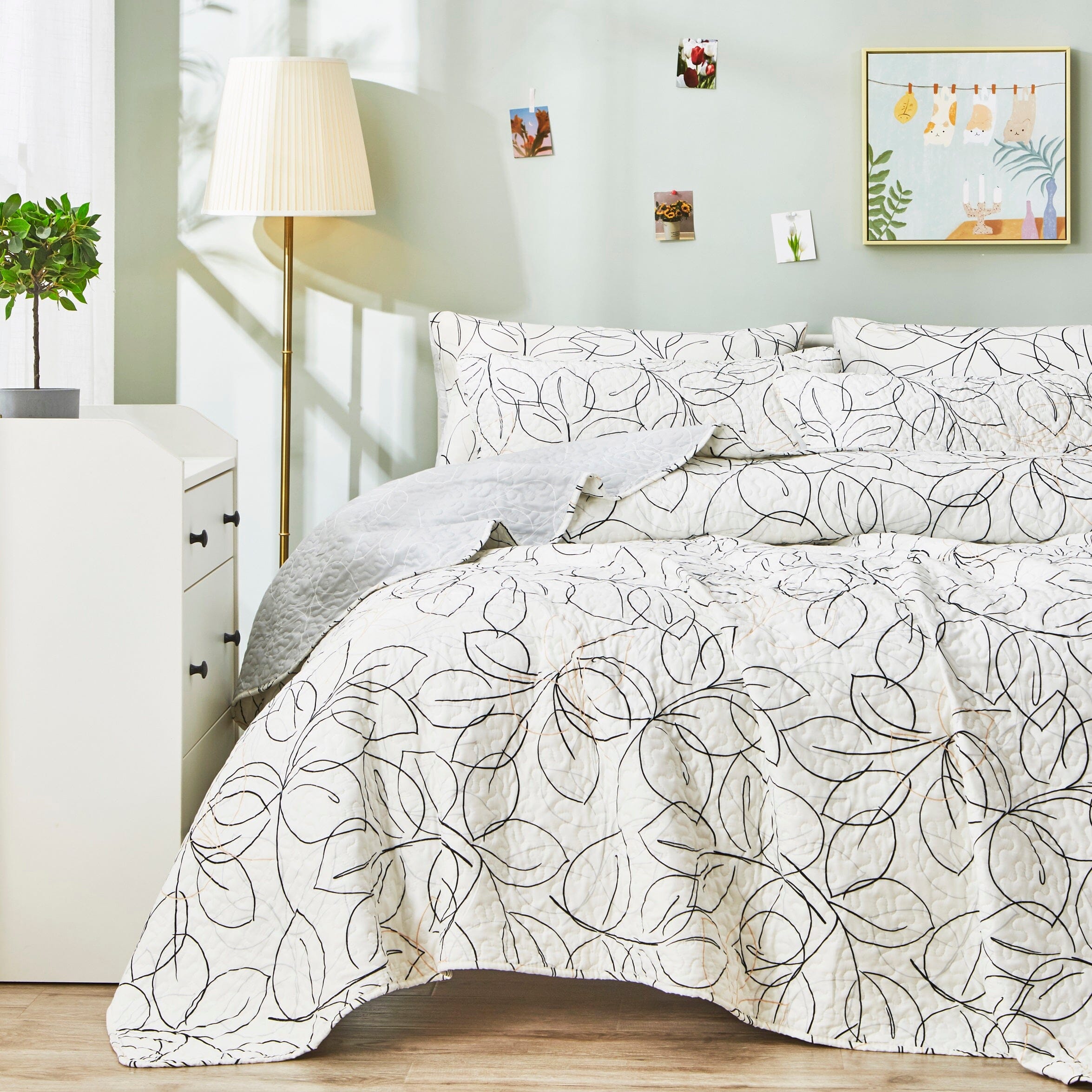 Modern Abstract Leaf Line Art Foliage White Grey Black Gold Reversible Quilt Set