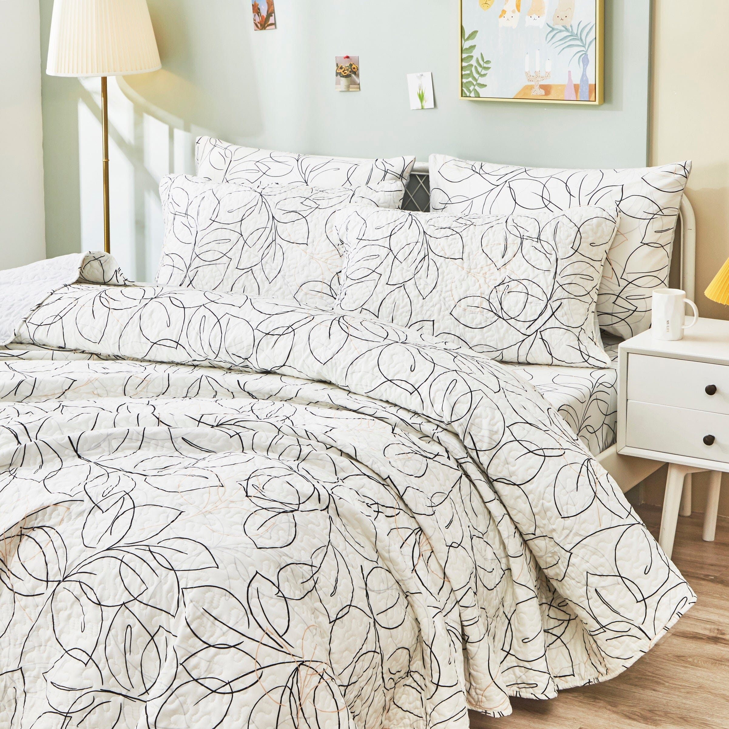 Modern Abstract Leaf Line Art Foliage White Grey Black Gold Reversible Quilt Set