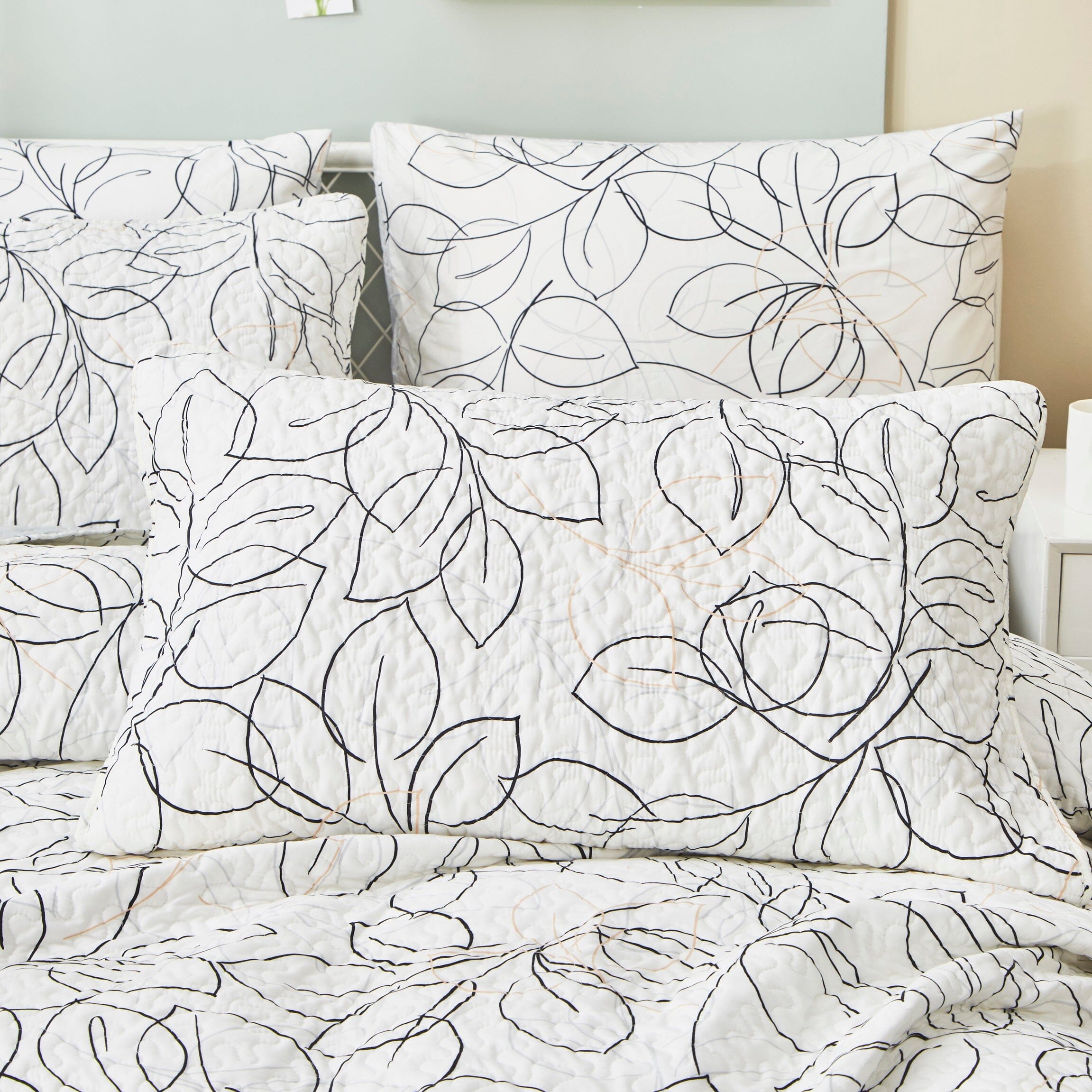 Modern Abstract Leaf Line Art Foliage White Grey Black Gold Reversible Quilt Set